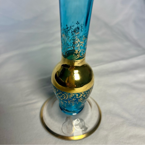🔹 Vintage VR Crystal Vase Blue Clear Gold Rim 8” West Germany Label - Picture 9 of 10